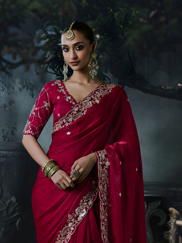 Crimson Red Embroidered Designer Satin Silk Saree