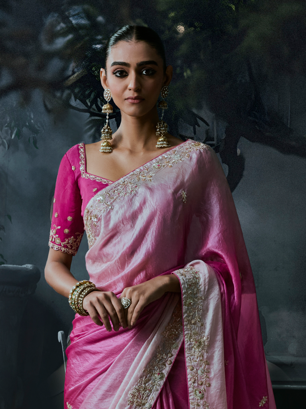 Rose Pink Embroidered Designer Tissue Silk Saree