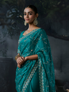 Peacock Teal Embroidered Designer Satin Silk Saree