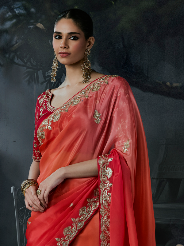 Coral Red Embroidered Designer Satin Silk Saree