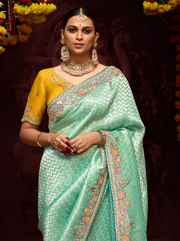 Sea Green Banarasi Designer Silk Saree With Contrast Blouse