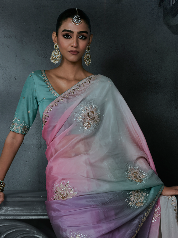 Pastel Multicolor Embroidered Designer Organza Silk Saree