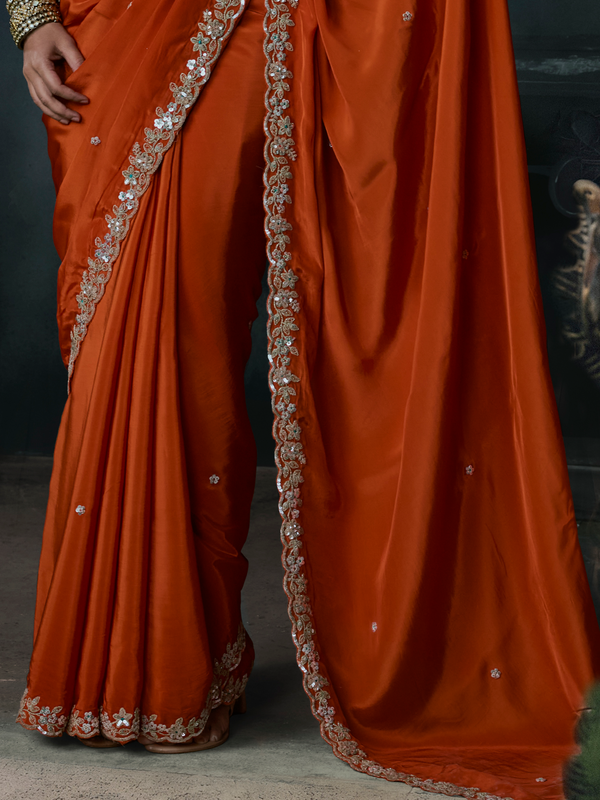 Burnt Orange Embroidered Designer Satin Silk Saree