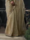 Champagne Gold Embroidered Designer Tissue Silk Saree With Contrast Blouse