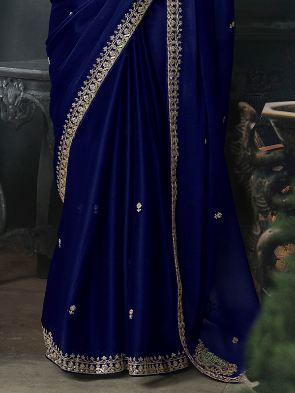 Royal Blue Embroidered Designer Satin Silk Saree