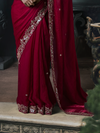 Crimson Red Embroidered Designer Satin Silk Saree