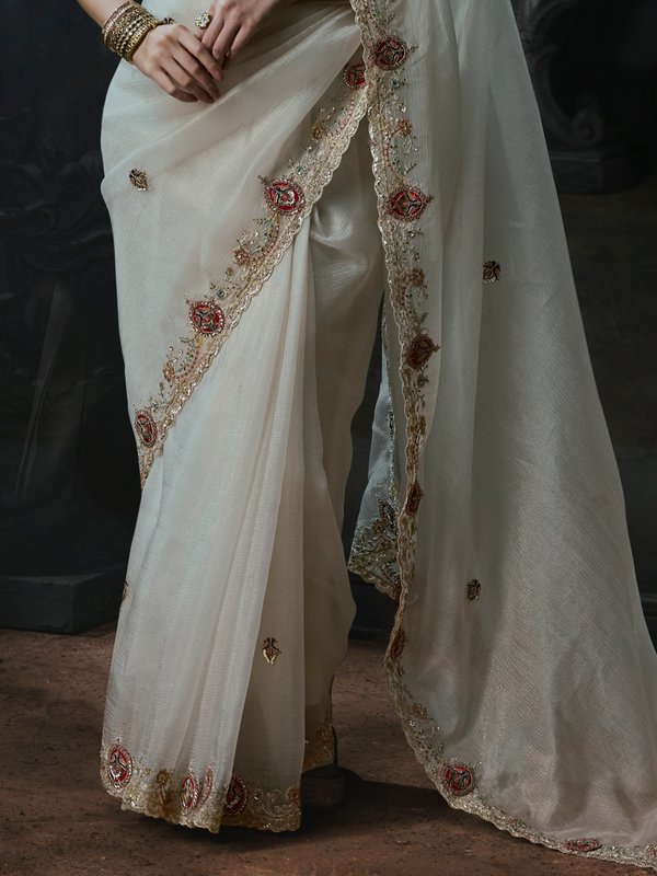 Off White Embroidered Designer Organza Silk Saree With Contrast Blouse