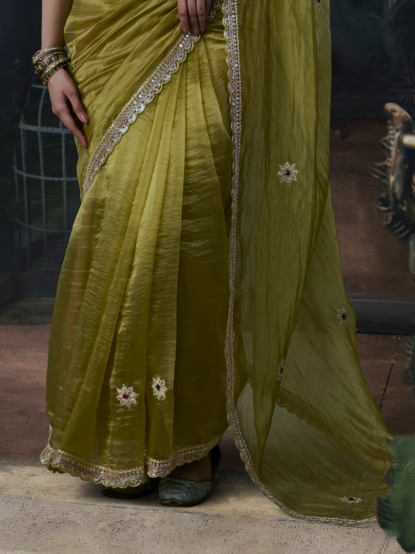 Mehendi Green Embroidered Designer Tissue Silk Saree With Contrast Blouse