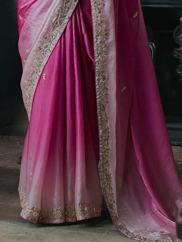Rose Pink Embroidered Designer Tissue Silk Saree