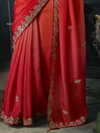 Coral Red Embroidered Designer Satin Silk Saree