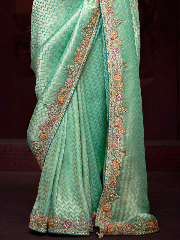 Sea Green Banarasi Designer Silk Saree With Contrast Blouse