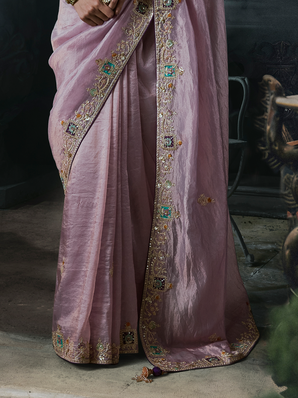 Dusty Mauve Embroidered Designer Tissue Silk Saree With Contrast Blouse