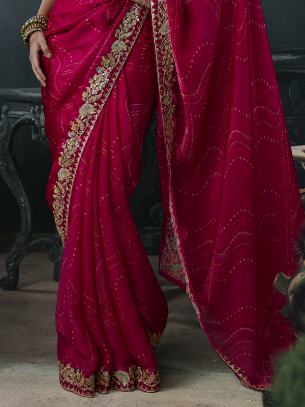 Rani Pink Bandhani Printed Designer Georgette Silk Saree With Contrast Blouse