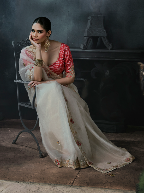 Off White Embroidered Designer Organza Silk Saree With Contrast Blouse