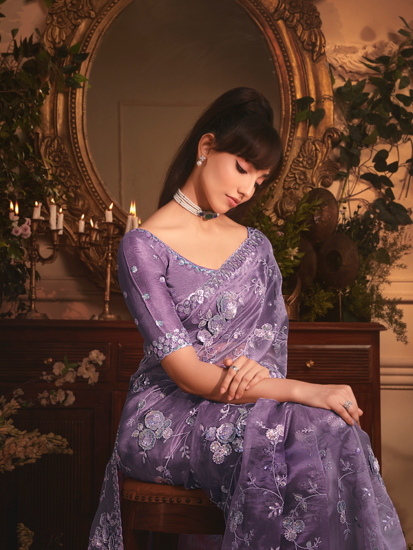 Lavender Organza Silk Saree