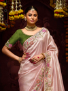 Rose Pink Banarasi Designer Silk Saree With Contrast Blouse
