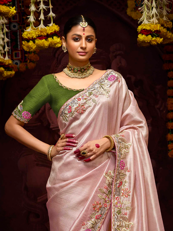 Rose Pink Banarasi Designer Silk Saree With Contrast Blouse