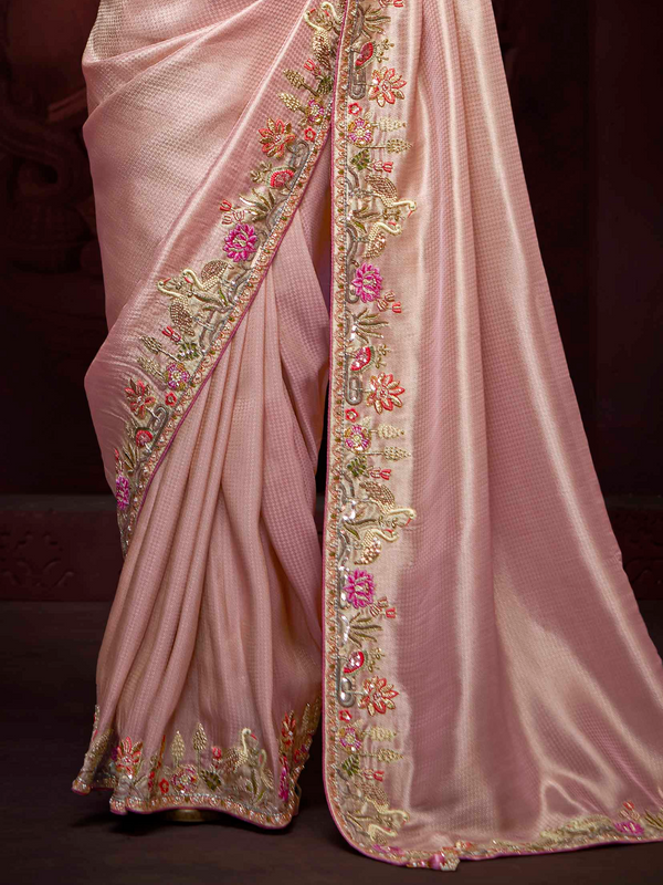 Rose Pink Banarasi Designer Silk Saree With Contrast Blouse