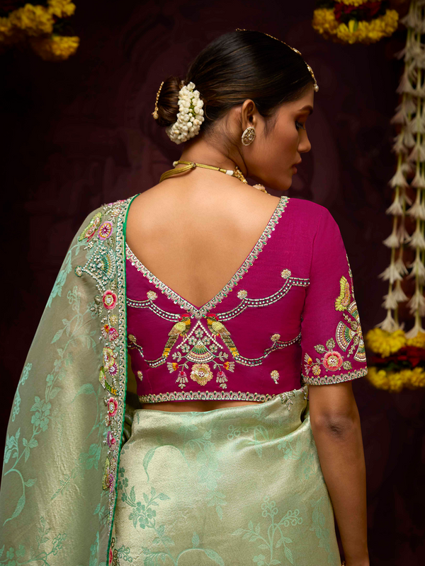 Pista Green Banarasi Designer Silk Saree With Contrast Blouse