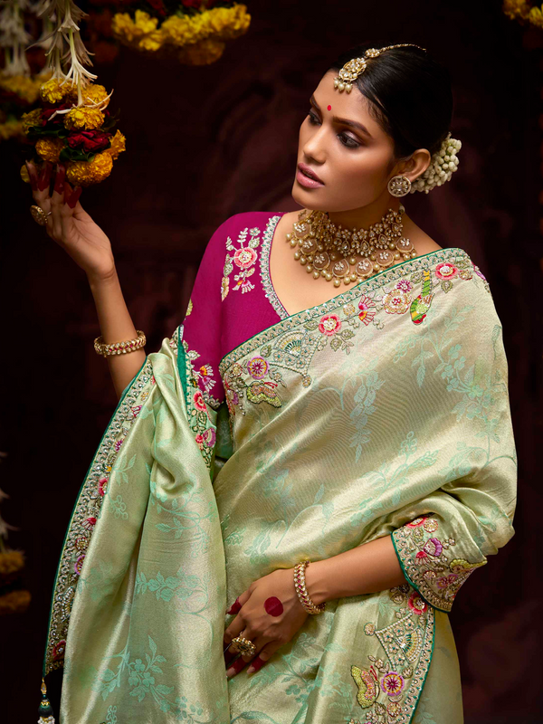 Pista Green Banarasi Designer Silk Saree With Contrast Blouse