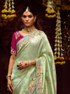 Pista Green Banarasi Designer Silk Saree With Contrast Blouse