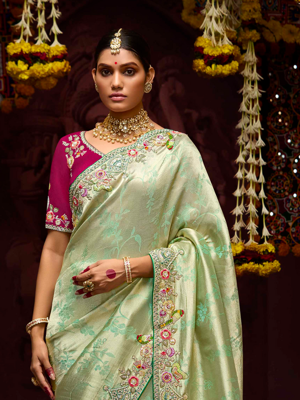 Pista Green Banarasi Designer Silk Saree With Contrast Blouse