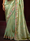 Pista Green Banarasi Designer Silk Saree With Contrast Blouse