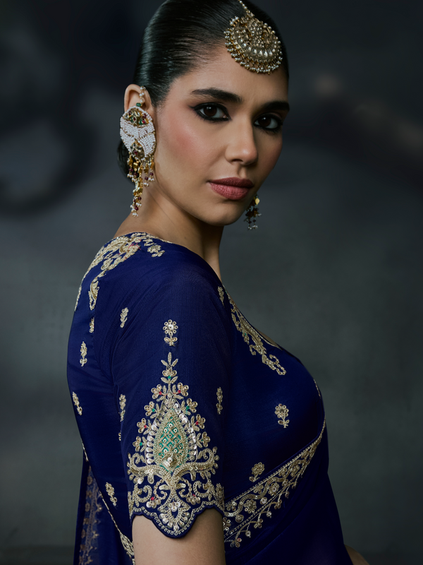 Royal Blue Embroidered Designer Satin Silk Saree