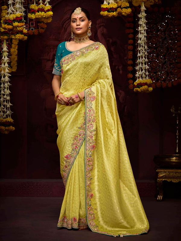 Lemon Yellow Banarasi Designer Silk Saree With Contrast Blouse