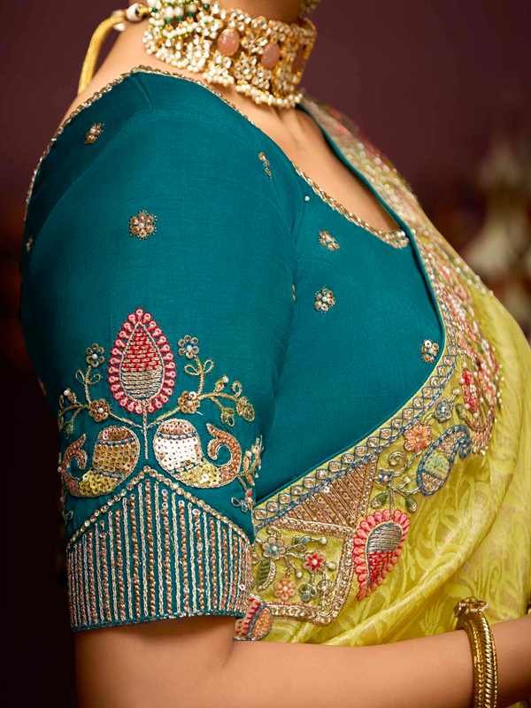 Lemon Yellow Banarasi Designer Silk Saree With Contrast Blouse