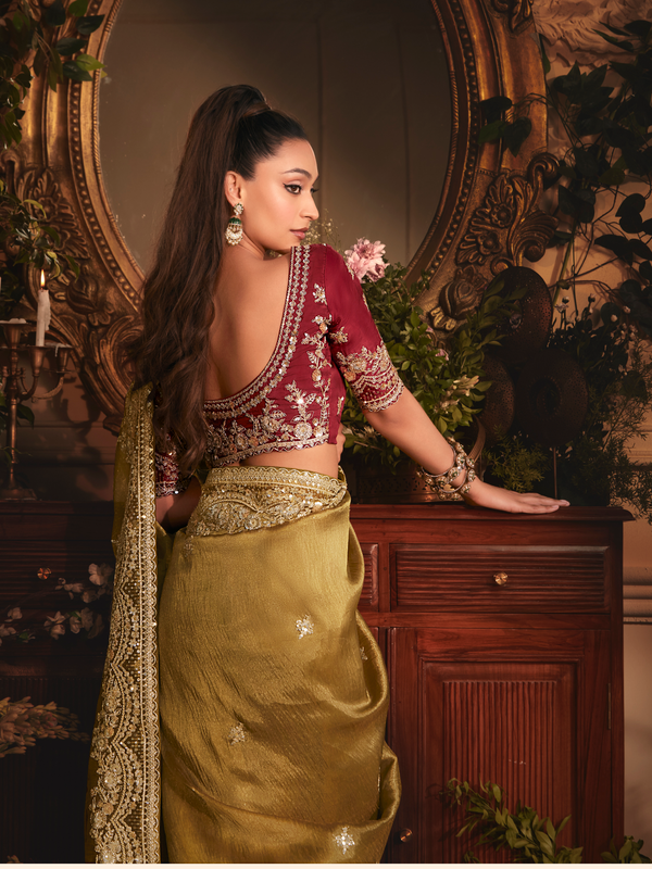 Olive Green Tissue Silk Saree