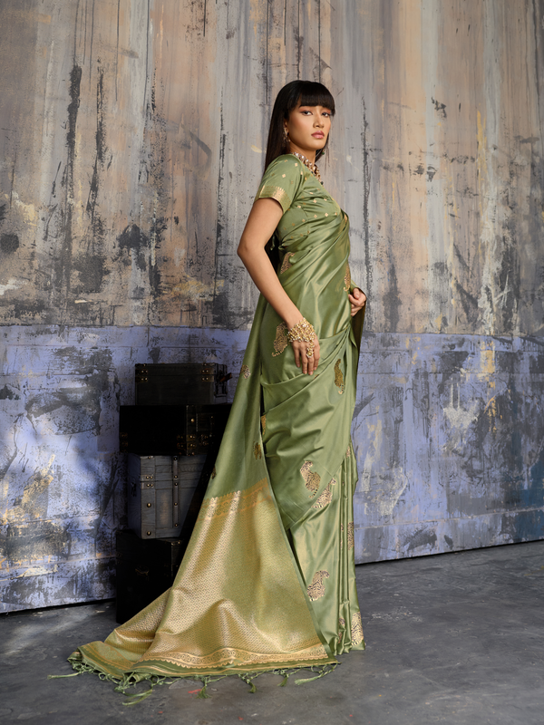 Olive Green Banarasi Satin Silk Saree
