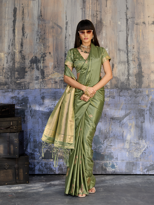 Olive Green Banarasi Satin Silk Saree