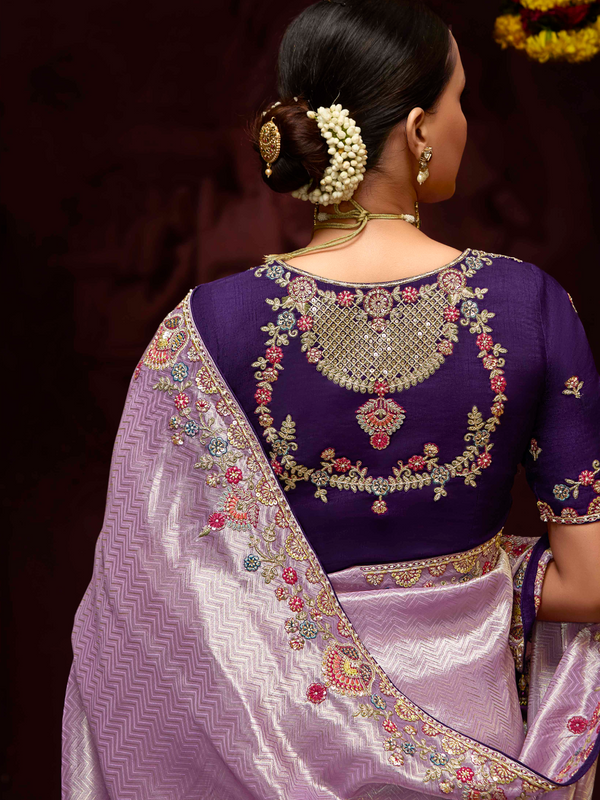 Lilac Banarasi Designer Silk Saree With Contrast Blouse