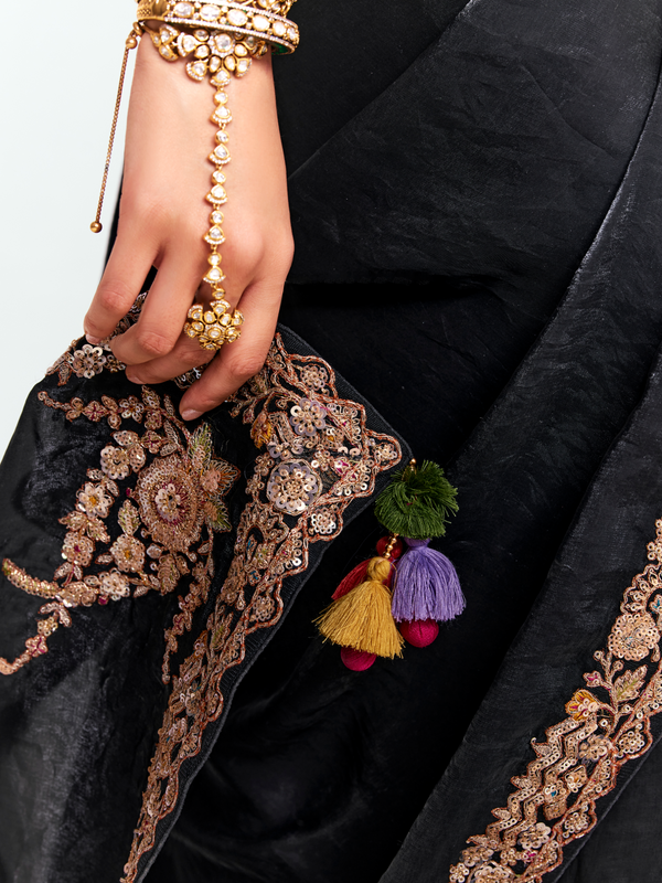 Black Tissue Silk Saree With Contrast Blouse