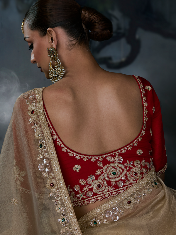 Champagne Gold Embroidered Designer Tissue Silk Saree With Contrast Blouse
