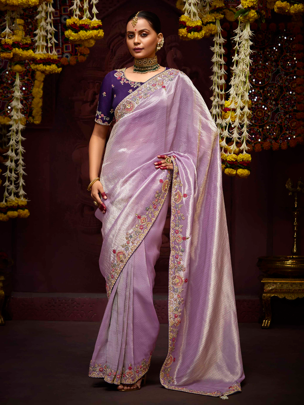 Lilac Banarasi Designer Silk Saree With Contrast Blouse