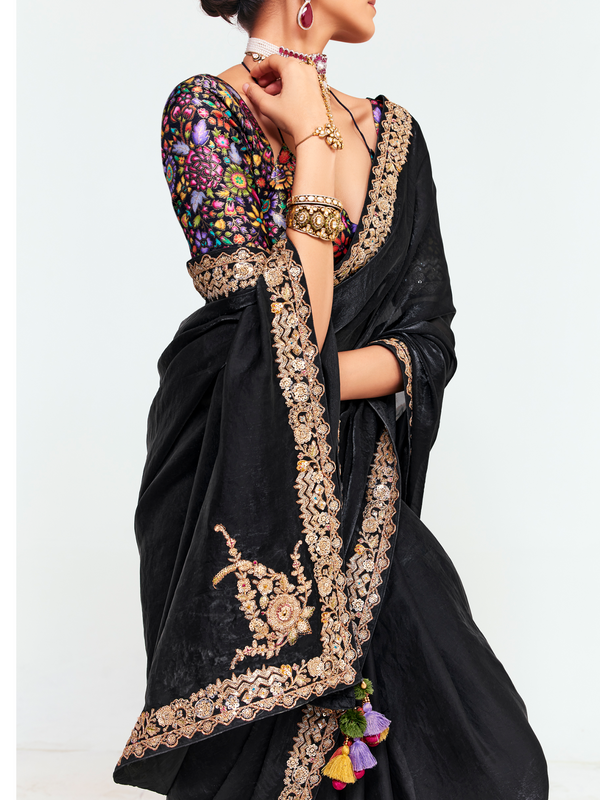 Black Tissue Silk Saree With Contrast Blouse