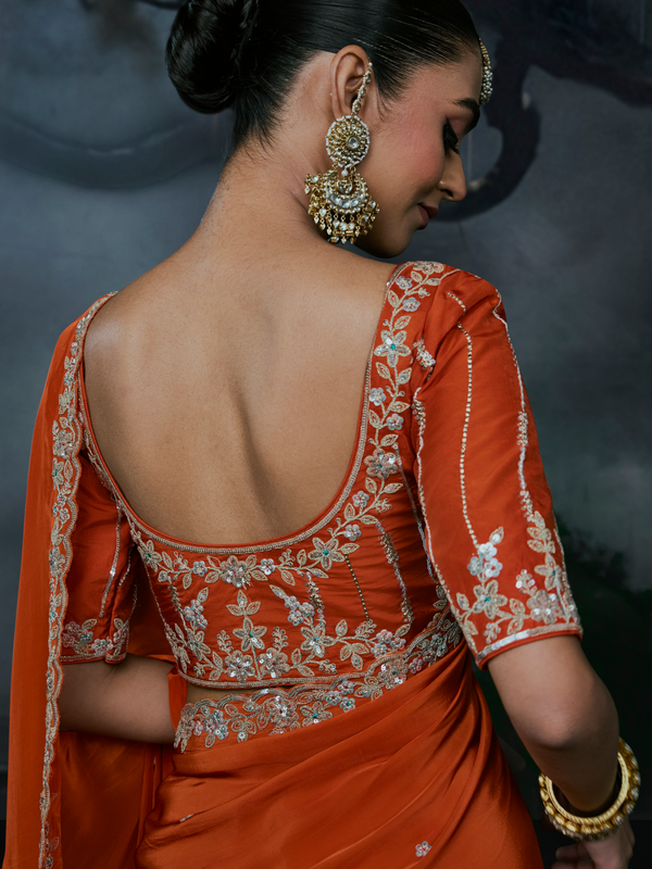 Burnt Orange Embroidered Designer Satin Silk Saree
