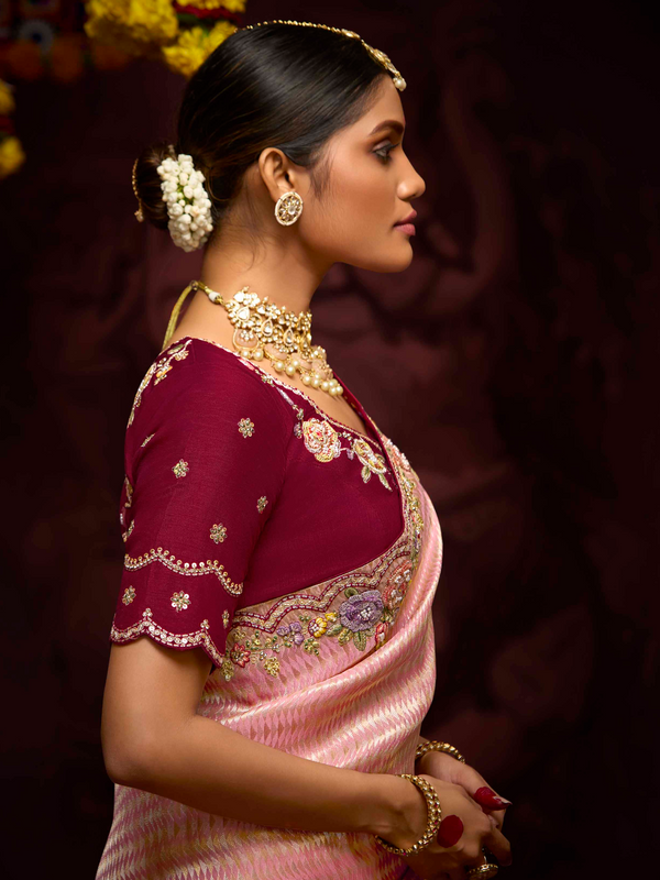 Peach Banarasi Designer Silk Saree With Contrast Blouse