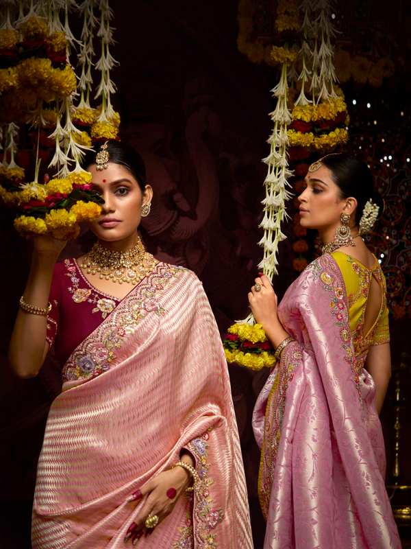 Pink Banarasi Designer Silk Saree With Contrast Blouse