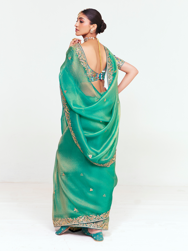 Sea Green Organza Silk Saree With Contrast Blouse