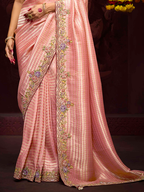Peach Banarasi Designer Silk Saree With Contrast Blouse