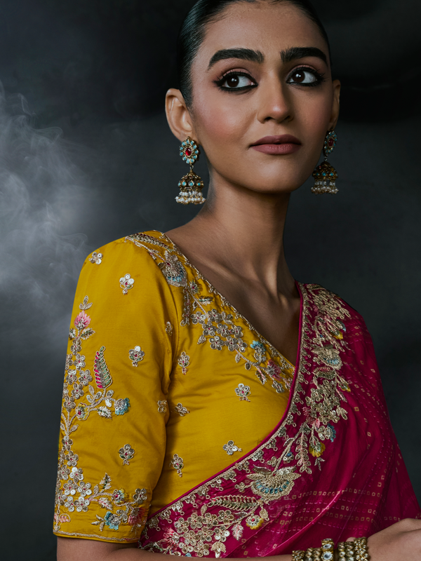 Rani Pink Bandhani Printed Designer Georgette Silk Saree With Contrast Blouse
