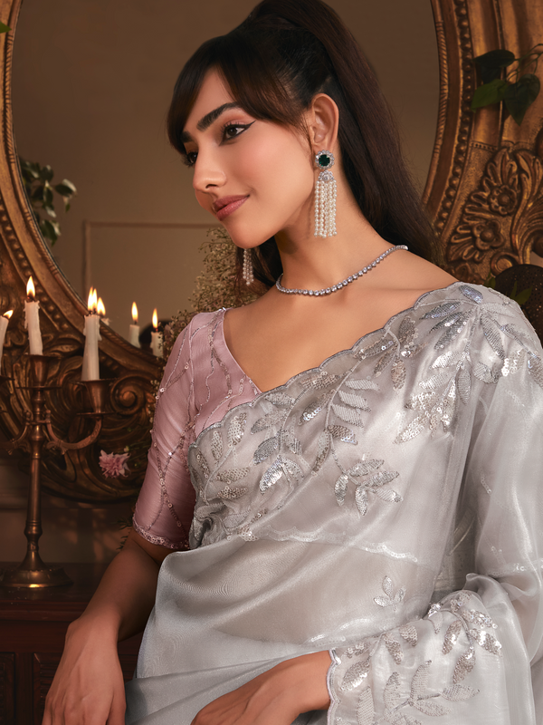 Grey Organza Silk Saree