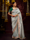 Silver Grey Banarasi Designer Silk Saree With Contrast Blouse