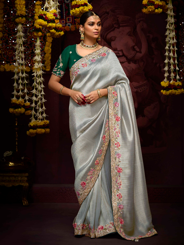 Silver Grey Banarasi Designer Silk Saree With Contrast Blouse