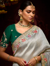 Silver Grey Banarasi Designer Silk Saree With Contrast Blouse