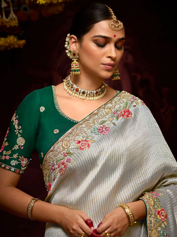 Silver Grey Banarasi Designer Silk Saree With Contrast Blouse