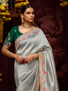 Silver Grey Banarasi Designer Silk Saree With Contrast Blouse